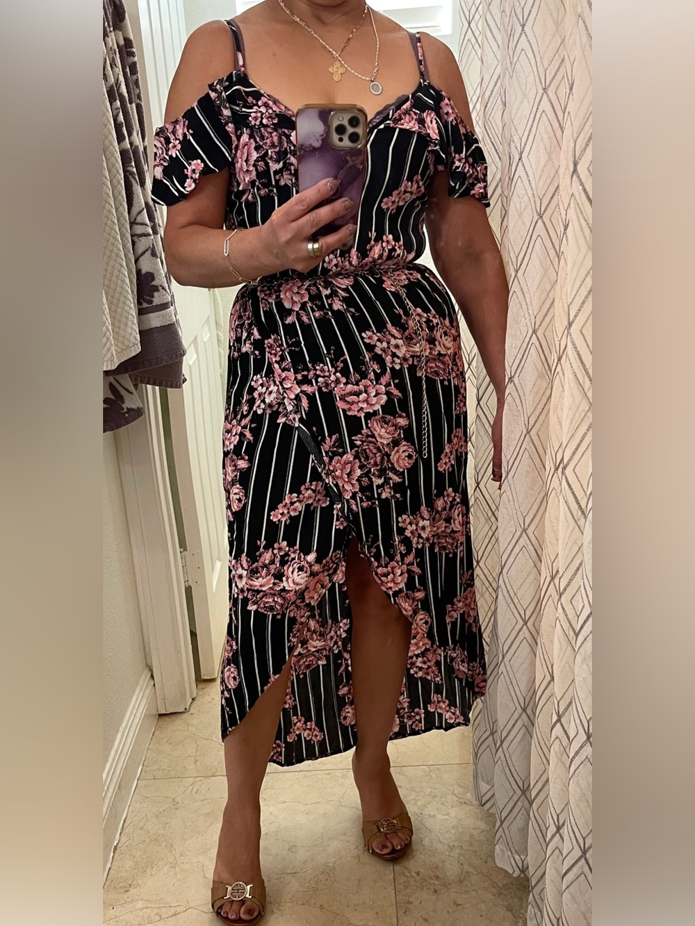 Black Floral High-Low Wrap dress with Pink Roses